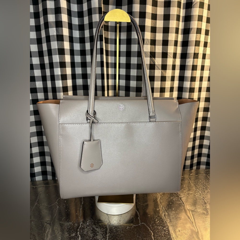 Tory Burch Parker Leather Tote in Dusty Storm and Dust Bag